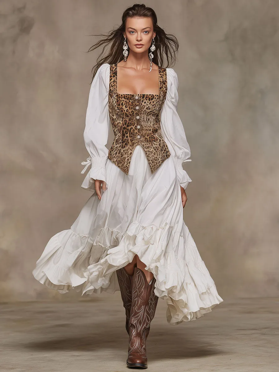 Fashionable Retro Faux Two-piece Leopard Print Faux Suede Vest White Cotton Maxi Dress sold by Oyrosy product image thumbnail 2