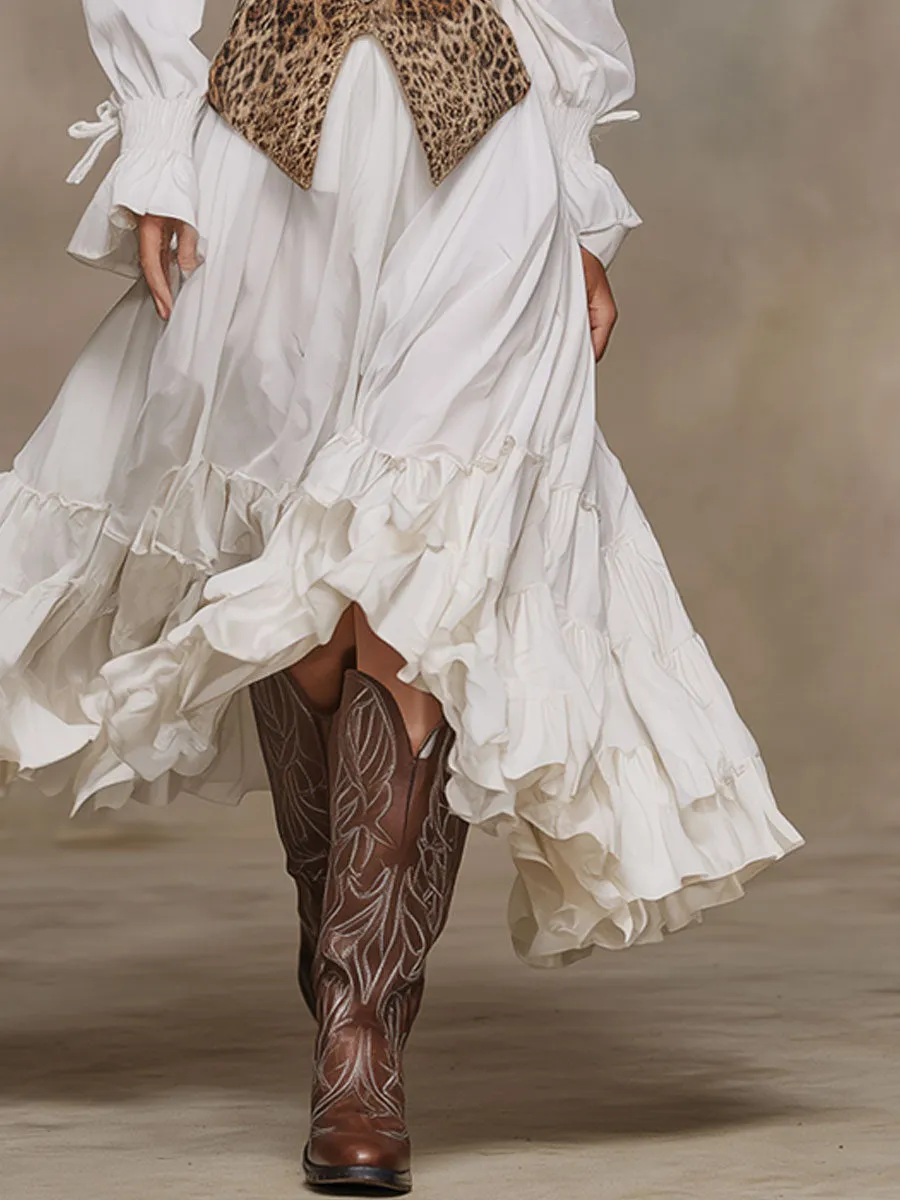 Fashionable Retro Faux Two-piece Leopard Print Faux Suede Vest White Cotton Maxi Dress sold by Oyrosy product image thumbnail 4