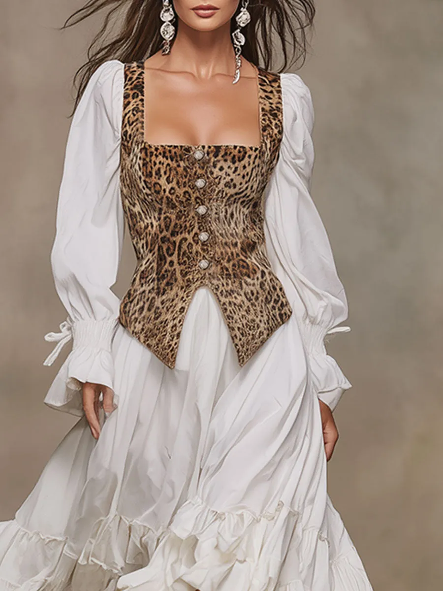 Fashionable Retro Faux Two-piece Leopard Print Faux Suede Vest White Cotton Maxi Dress sold by Oyrosy product image thumbnail 3