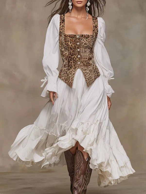 Fashionable Retro Faux Two-piece Leopard Print Faux Suede Vest White Cotton Maxi Dress sold by Oyrosy