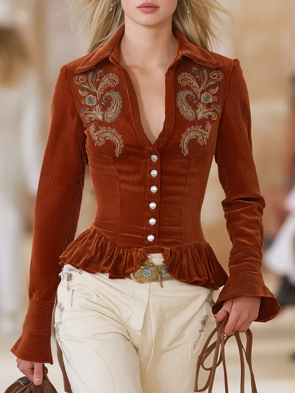 Premium Western-style Corduroy Embroidered Ruffled Hem Reddish-brown Shirt sold by Oyrosy