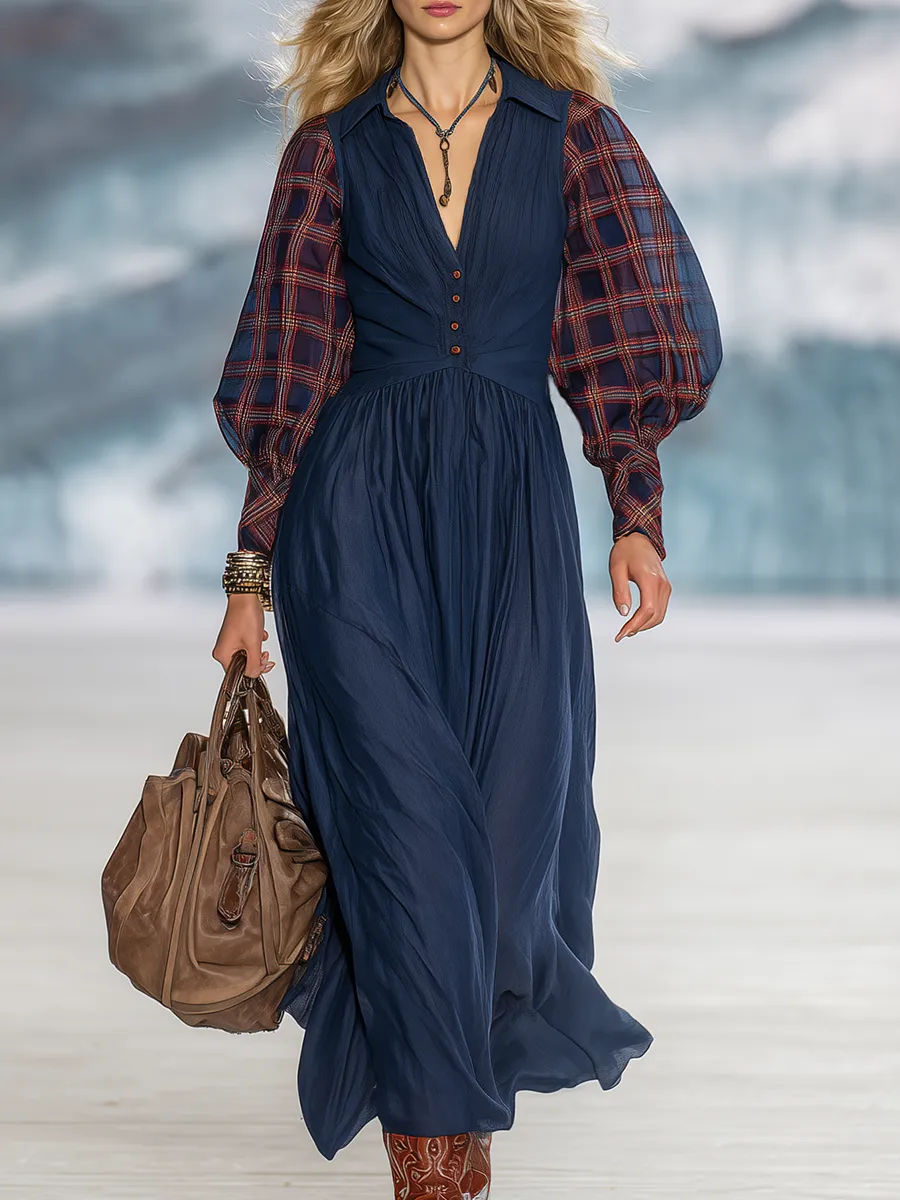 Retro-chic Red Plaid Sheer-sleeved Blue Tencel Maxi Dress sold by Oyrosy