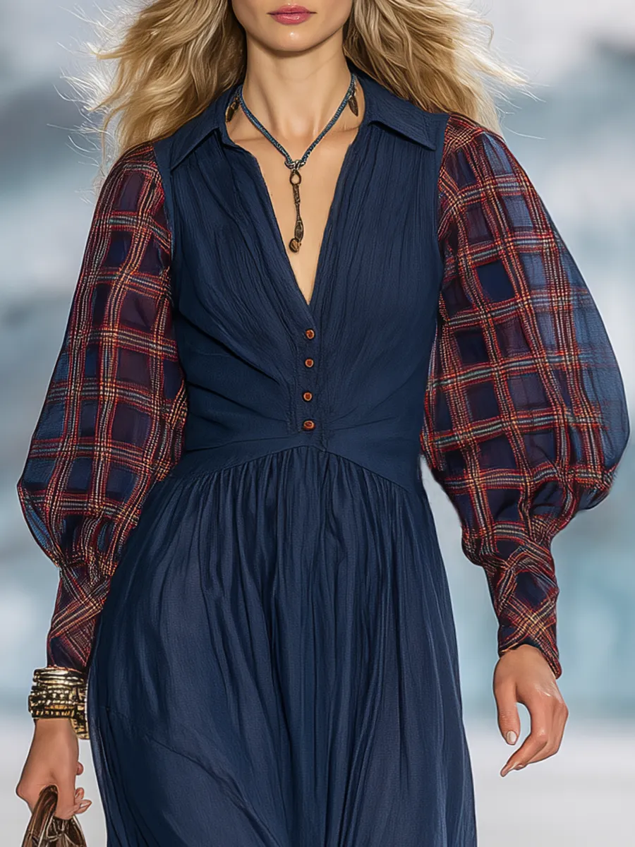 Retro-chic Red Plaid Sheer-sleeved Blue Tencel Maxi Dress sold by Oyrosy product image thumbnail 3