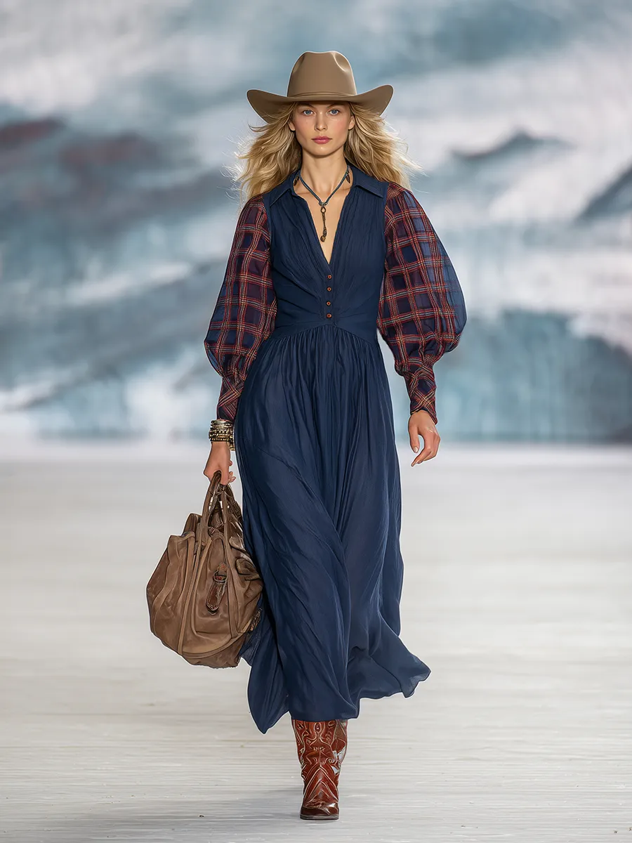 Retro-chic Red Plaid Sheer-sleeved Blue Tencel Maxi Dress sold by Oyrosy product image thumbnail 2
