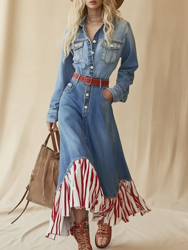 Retro Chic Red Striped Hem Blue Denim Maxi Dress sold by Oyrosy