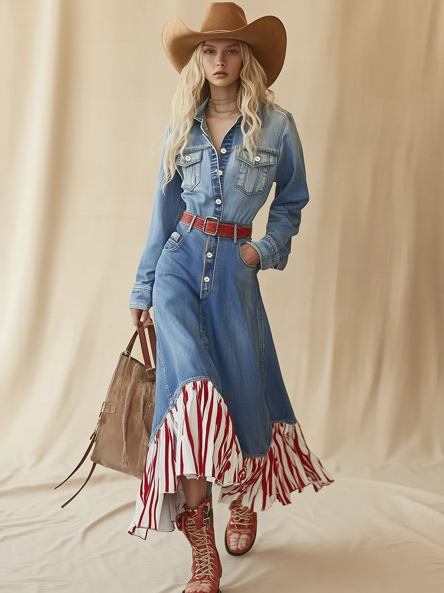 Retro Chic Red Striped Hem Blue Denim Maxi Dress sold by Oyrosy product image thumbnail 2
