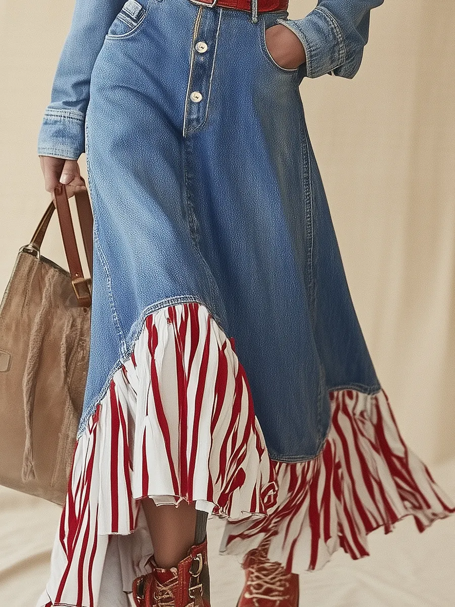 Retro Chic Red Striped Hem Blue Denim Maxi Dress sold by Oyrosy product image thumbnail 4