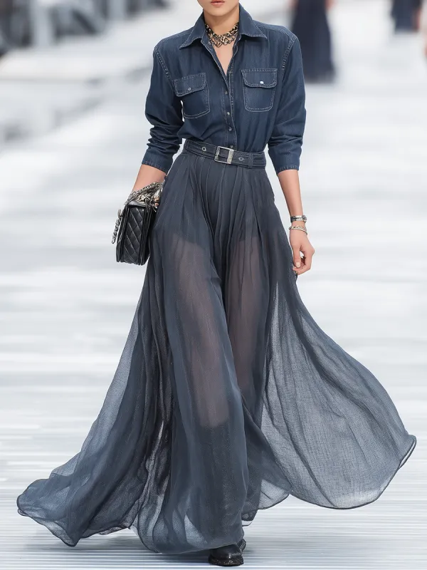 High-end Stylish Detachable Sheer Long Skirt Denim Shorts Jumpsuit Two-piece Set sold by Oyrosy