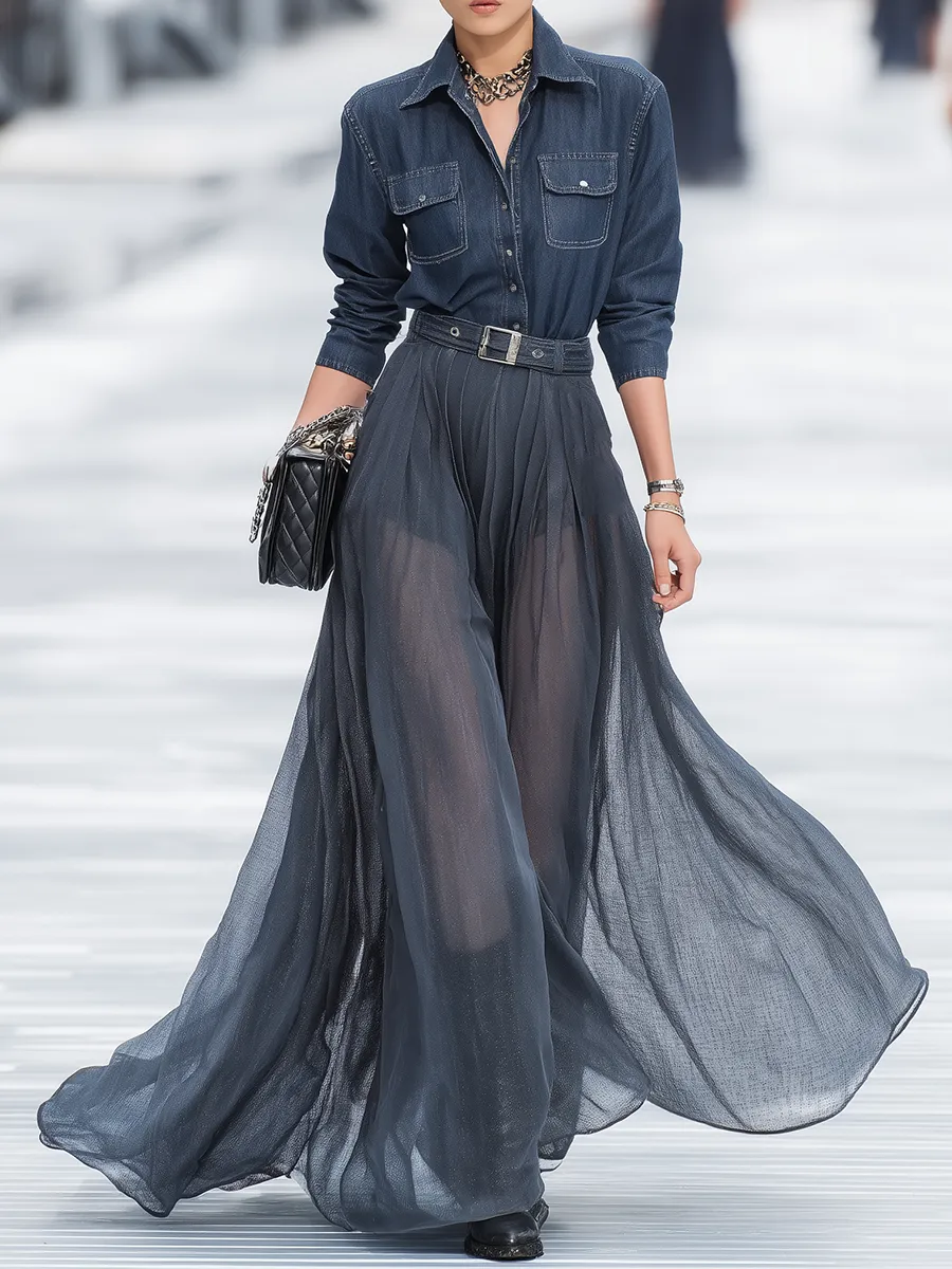 High-end Stylish Detachable Sheer Long Skirt Denim Shorts Jumpsuit Two-piece Set sold by Oyrosy