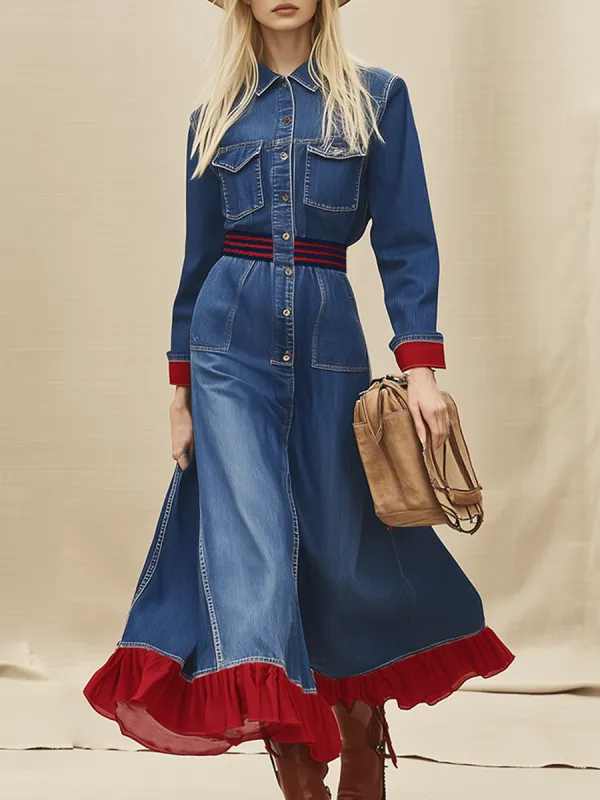 Retro-chic Ribbed Waist And Red Ruffled Hem Denim Maxi Dress sold by Oyrosy