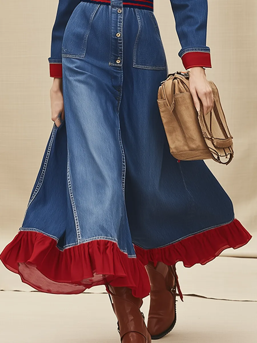 Retro-chic Ribbed Waist And Red Ruffled Hem Denim Maxi Dress sold by Oyrosy product image thumbnail 4