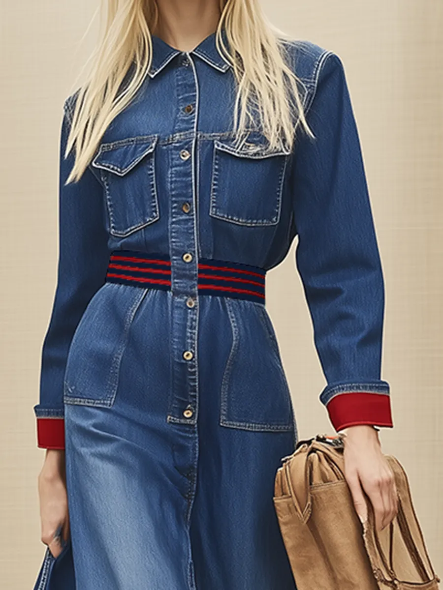 Retro-chic Ribbed Waist And Red Ruffled Hem Denim Maxi Dress sold by Oyrosy product image thumbnail 3