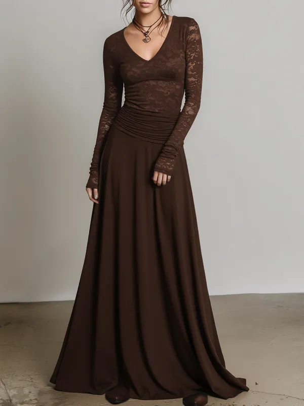 Retro Elegant V-neck Lace Maxi Dress sold by Oyrosy