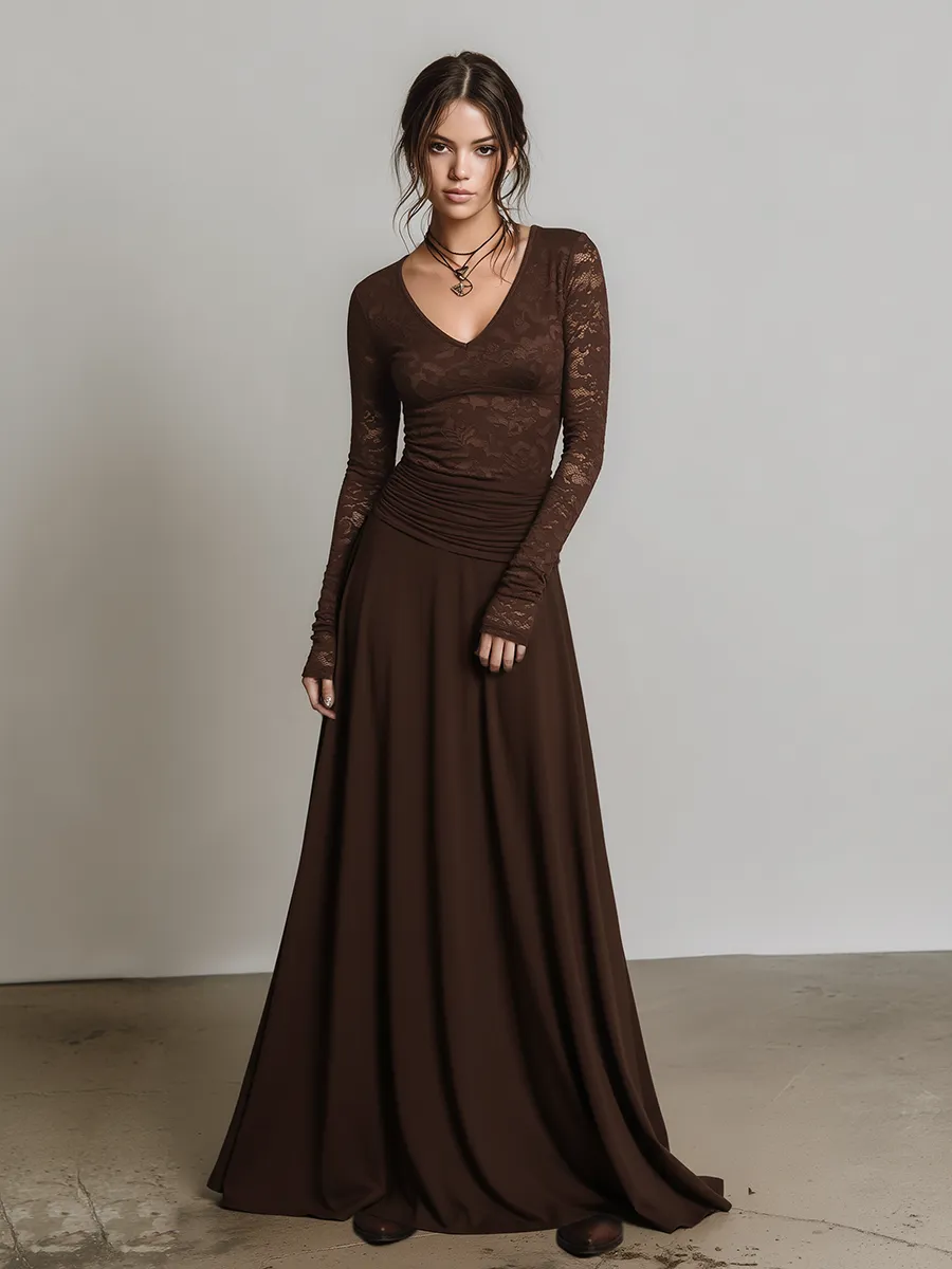 Retro Elegant V-neck Lace Maxi Dress sold by Oyrosy product image thumbnail 2