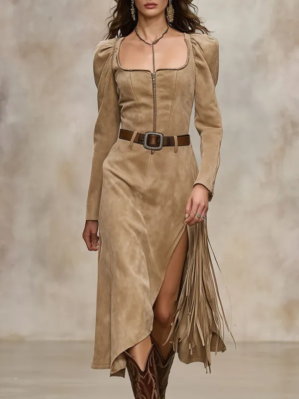 Western-style Retro Square Neck Zipper Apricot Faux Suede Tassel Midi Dress sold by Oyrosy