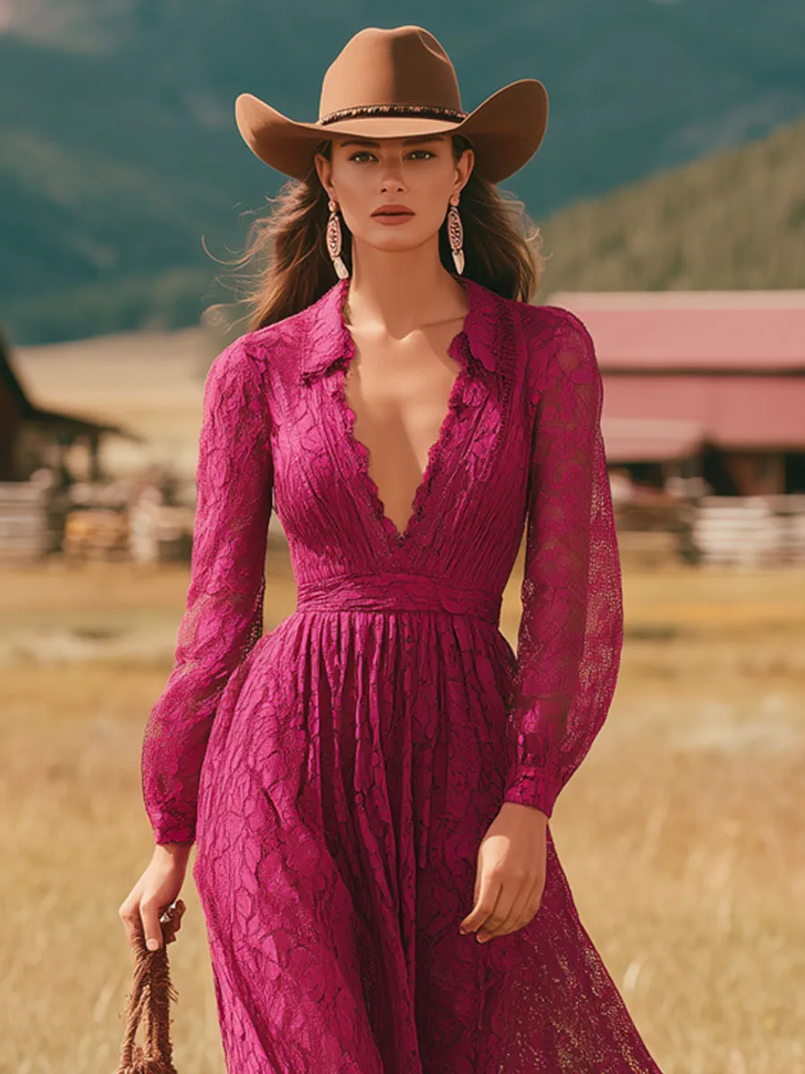 Western Retro V-neck Rose Red Lace Long-sleeved Midi Dress sold by Oyrosy product image thumbnail 3