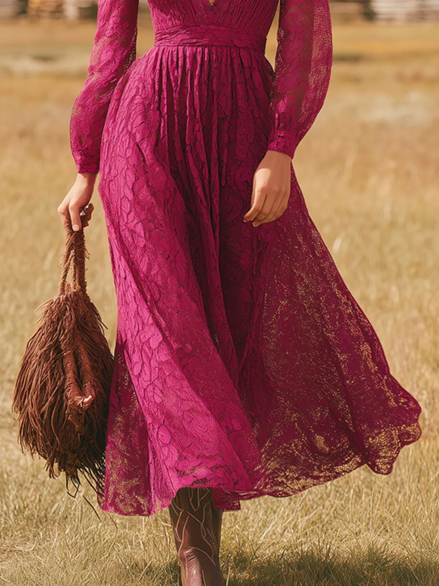 Western Retro V-neck Rose Red Lace Long-sleeved Midi Dress sold by Oyrosy product image thumbnail 4