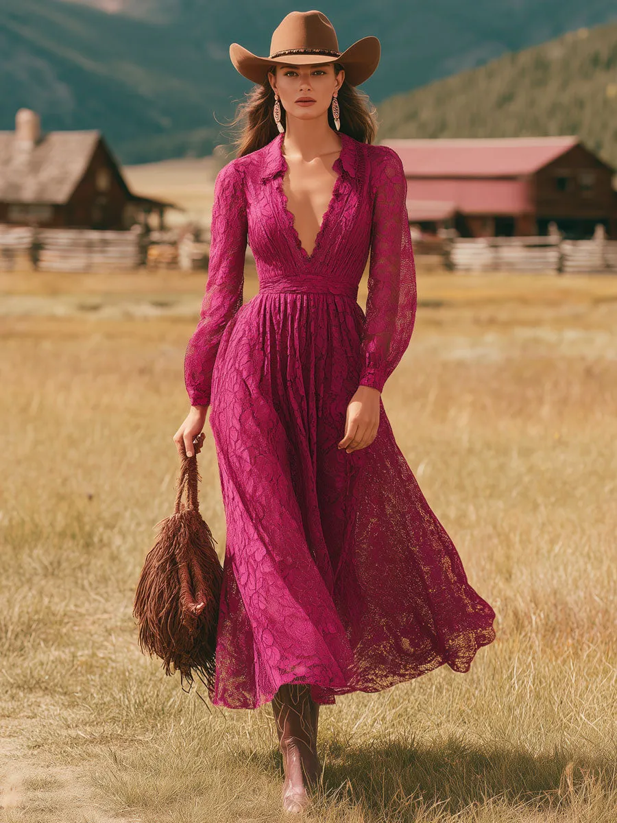 Western Retro V-neck Rose Red Lace Long-sleeved Midi Dress sold by Oyrosy product image thumbnail 2