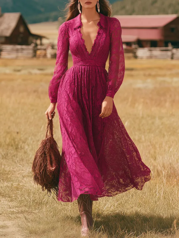Western Retro V-neck Rose Red Lace Long-sleeved Midi Dress sold by Oyrosy