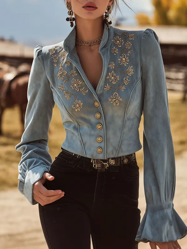 Western-style Vintage Embroidered Blue Button-up Faux Suede Jacket sold by Oyrosy