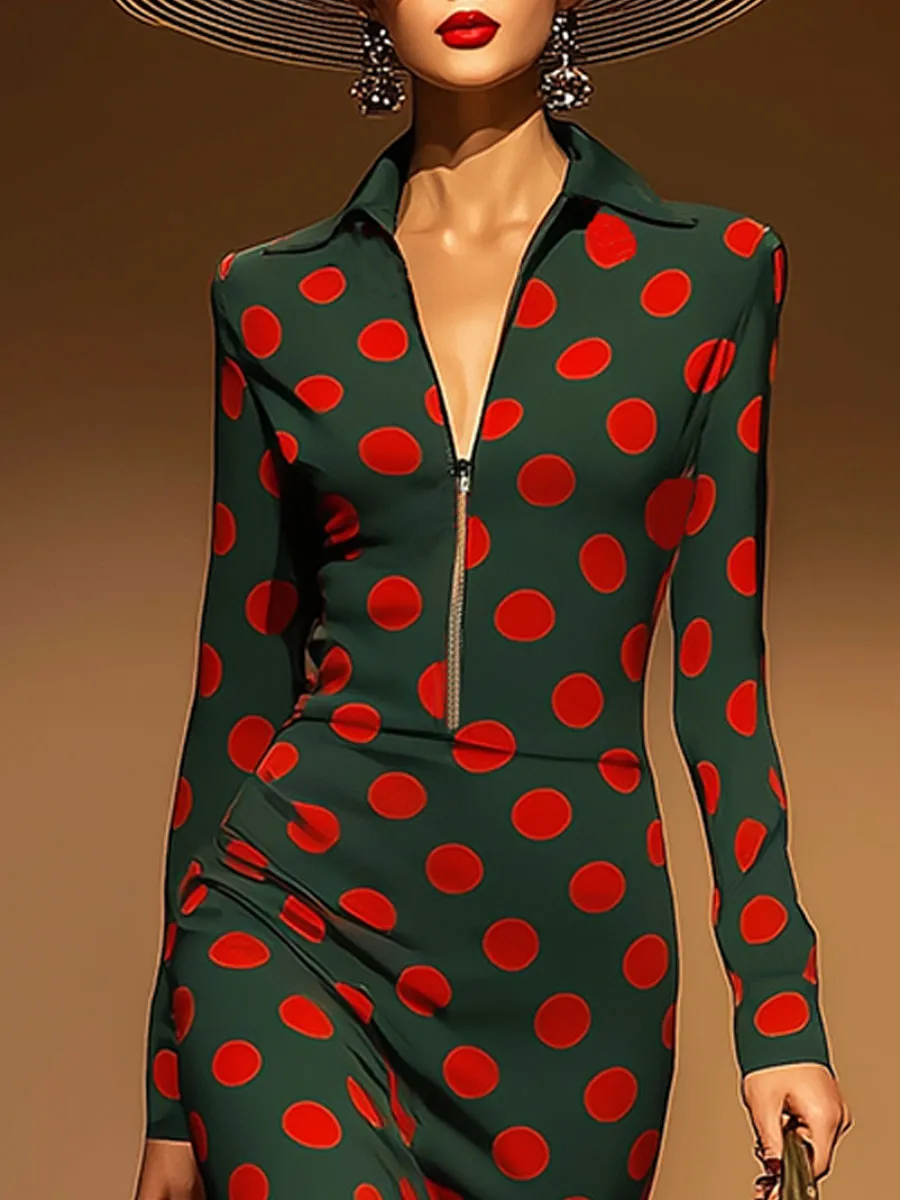 Retro Casual Red Polka Dot Green Half-zip Maxi Dress sold by Oyrosy product image thumbnail 3