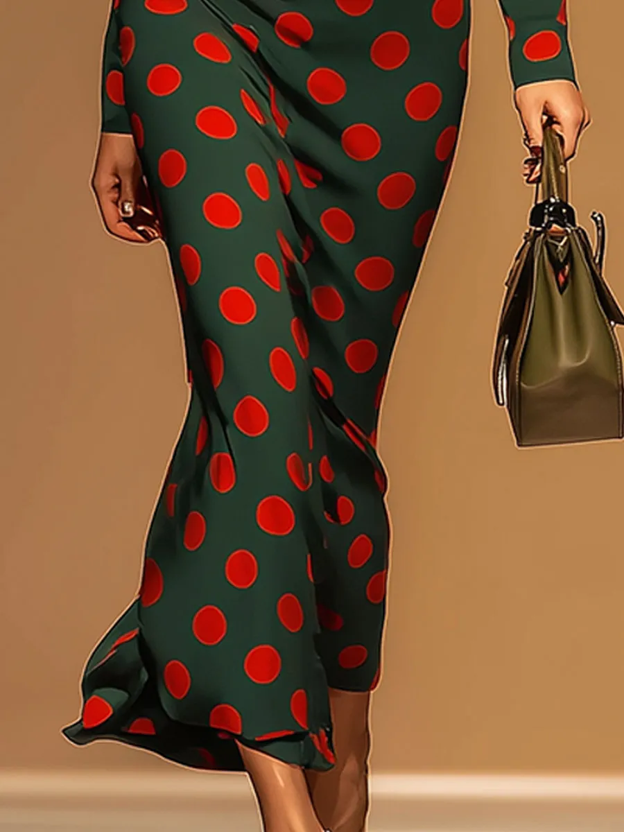 Retro Casual Red Polka Dot Green Half-zip Maxi Dress sold by Oyrosy product image thumbnail 4