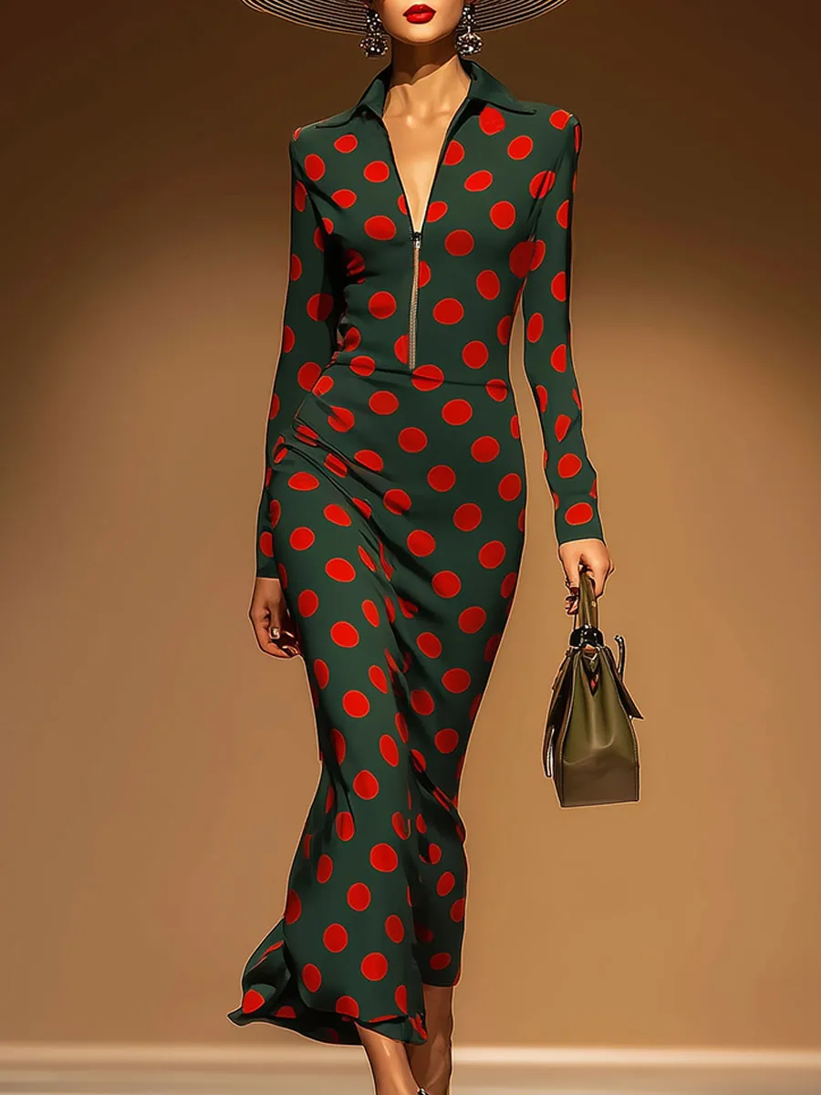 Retro Casual Red Polka Dot Green Half-zip Maxi Dress sold by Oyrosy