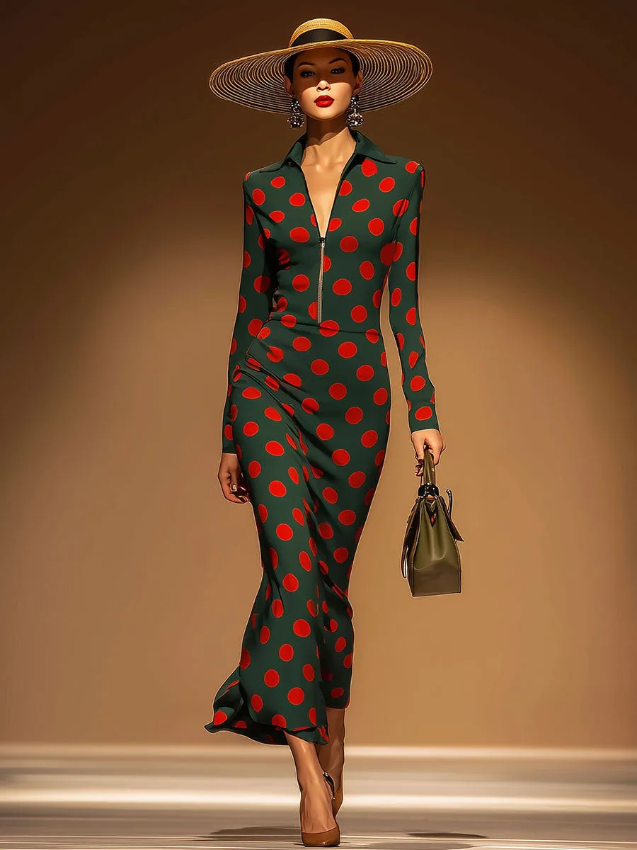 Retro Casual Red Polka Dot Green Half-zip Maxi Dress sold by Oyrosy product image thumbnail 2