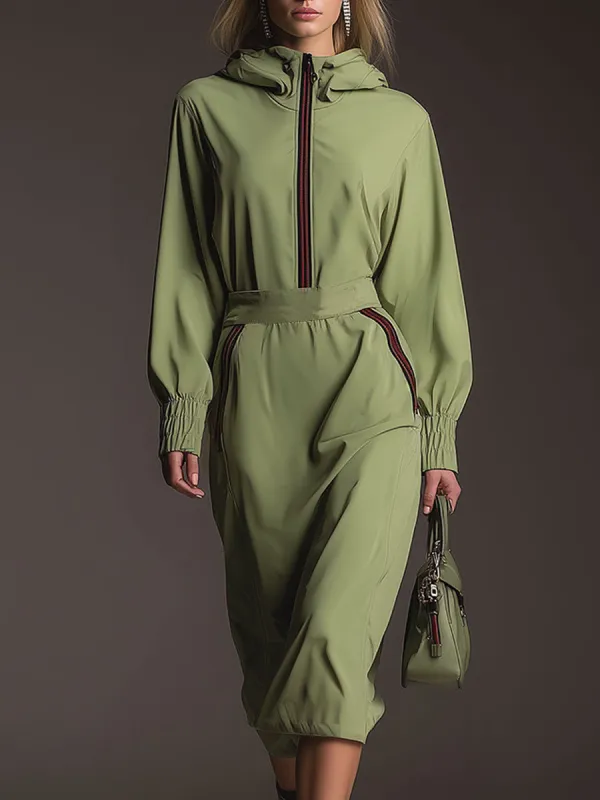 Casual Sporty Hooded Green Cotton Midi Dress sold by Oyrosy
