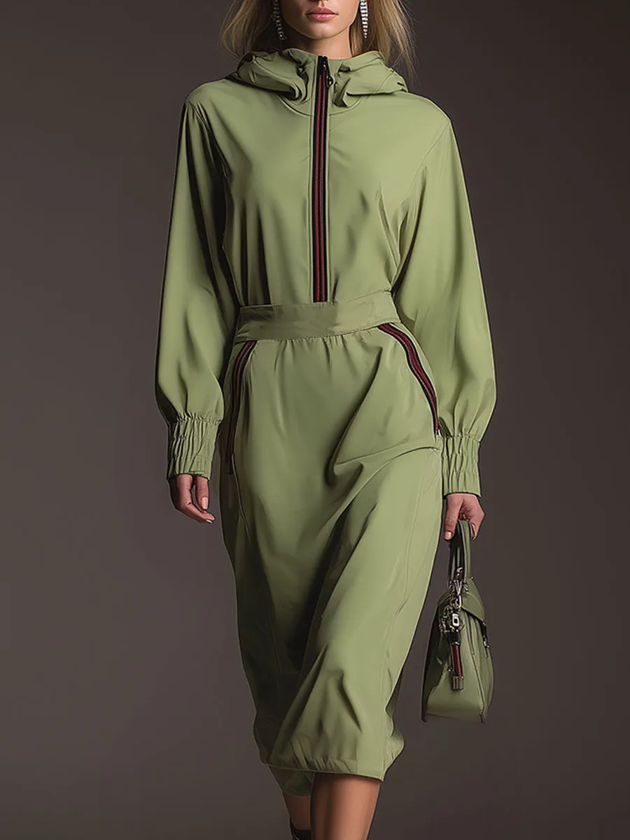 Casual Sporty Hooded Green Cotton Midi Dress sold by Oyrosy