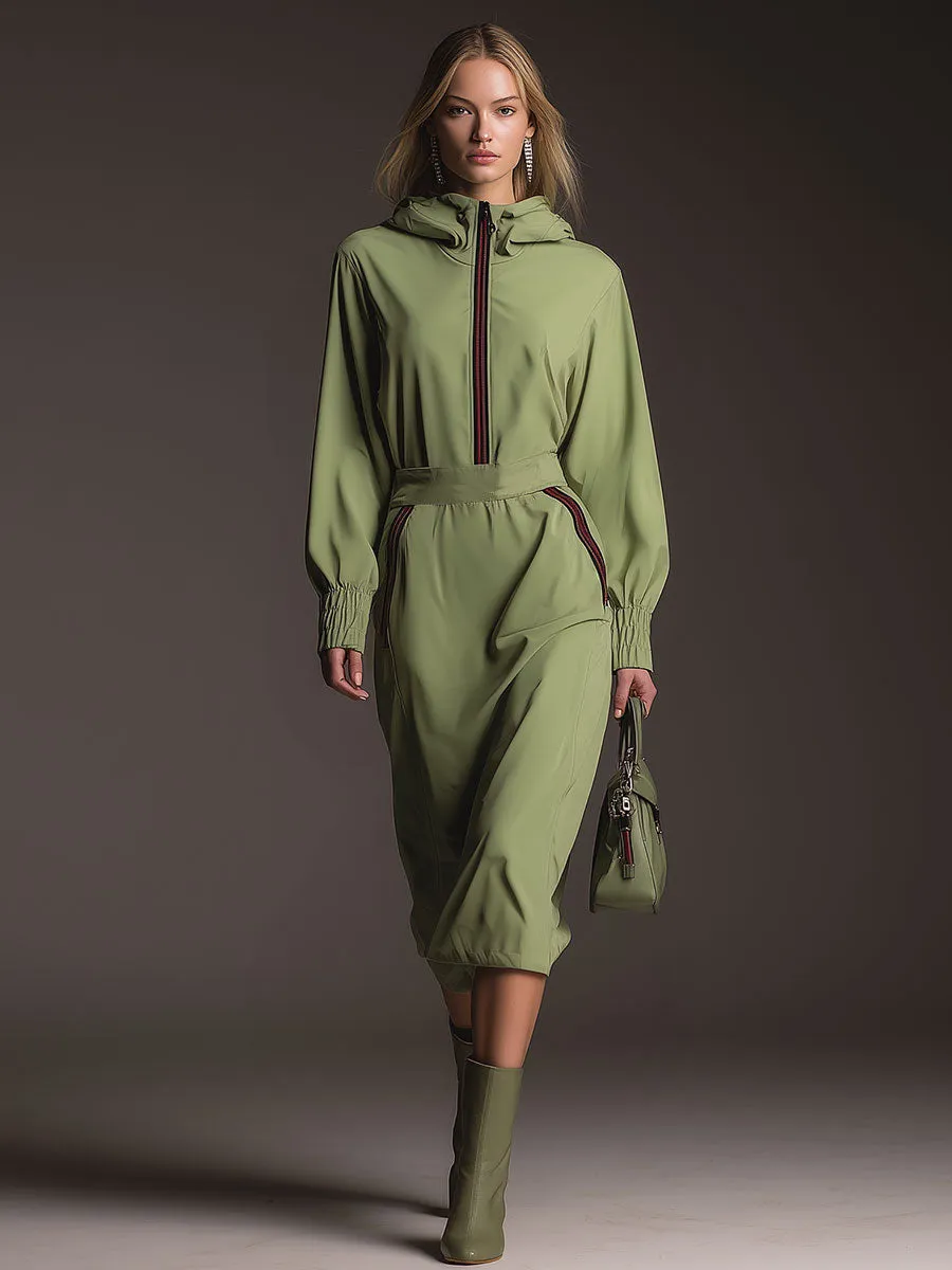 Casual Sporty Hooded Green Cotton Midi Dress sold by Oyrosy product image thumbnail 2