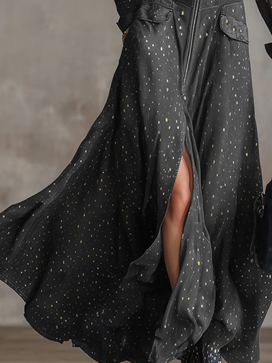 Elegant Polka Dot Gold Foil Gray Tencel Denim Maxi Dress sold by Oyrosy product image thumbnail 4