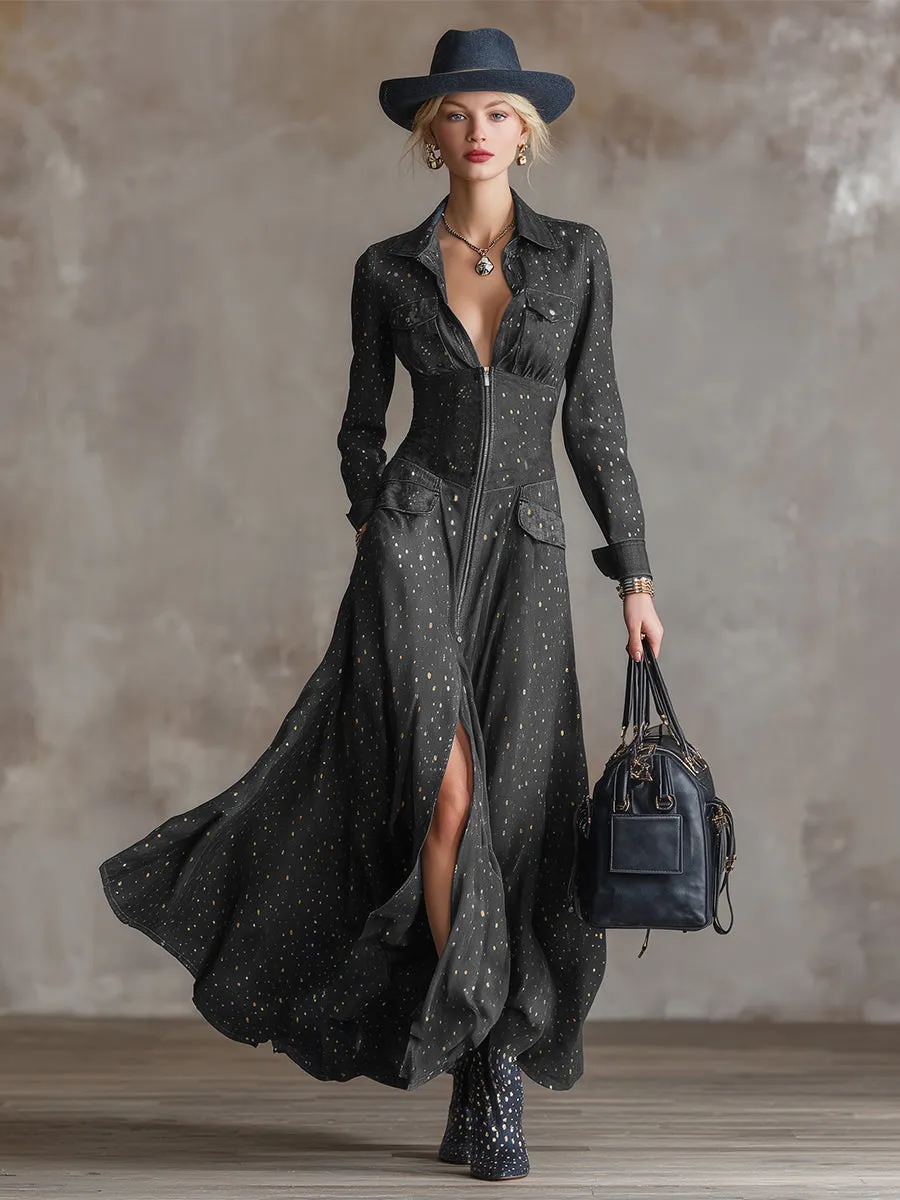 Elegant Polka Dot Gold Foil Gray Tencel Denim Maxi Dress sold by Oyrosy product image thumbnail 2