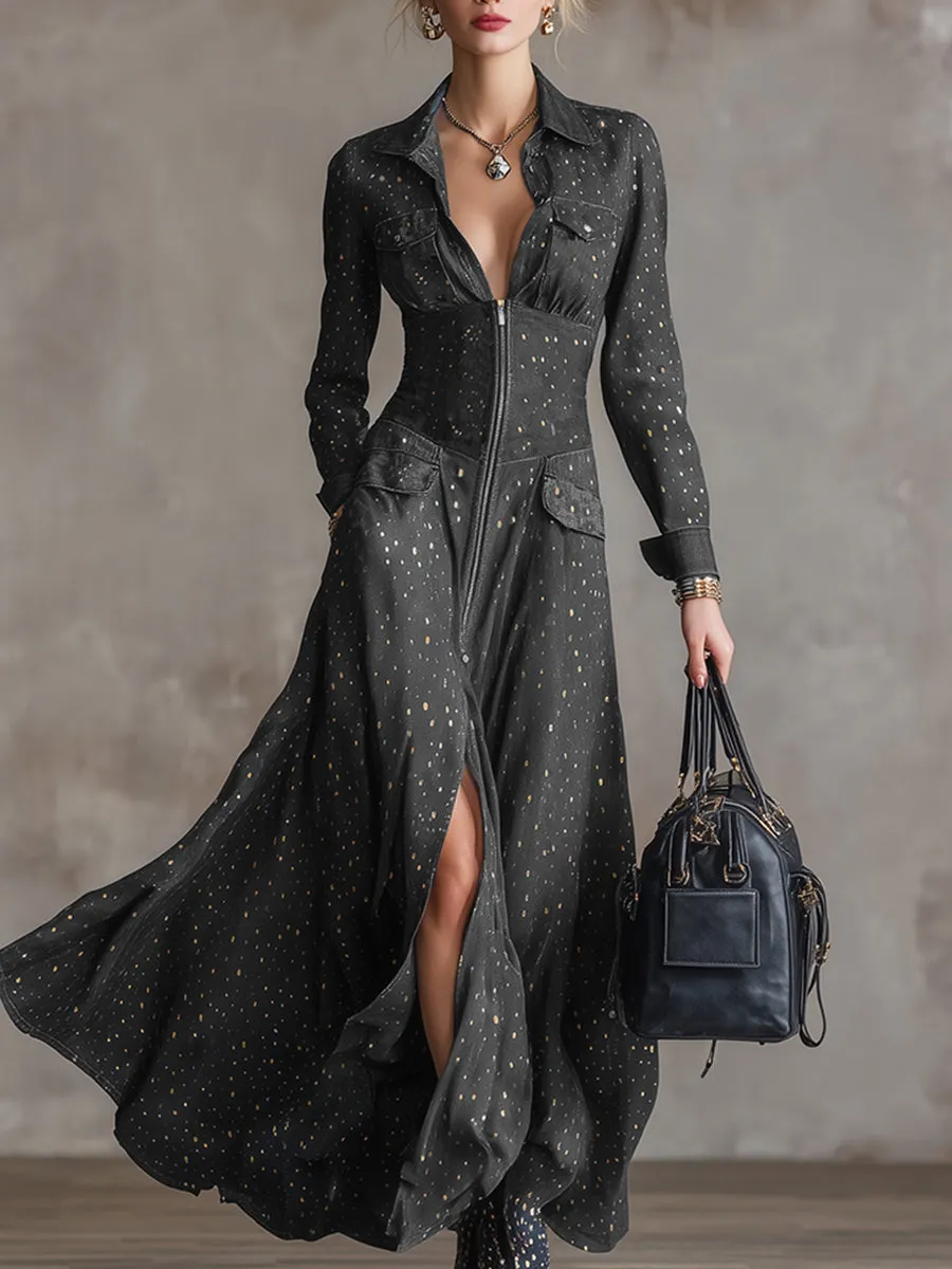 Elegant Polka Dot Gold Foil Gray Tencel Denim Maxi Dress sold by Oyrosy