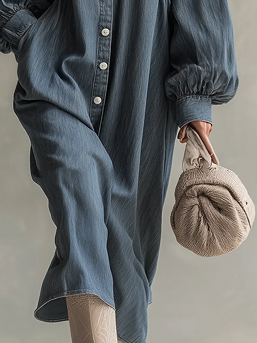 Elegant Silhouette Blue-grey Denim Front Button Midi Dress sold by Oyrosy product image thumbnail 4