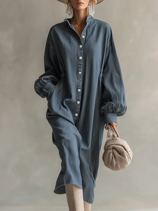 Elegant Silhouette Blue-grey Denim Front Button Midi Dress sold by Oyrosy