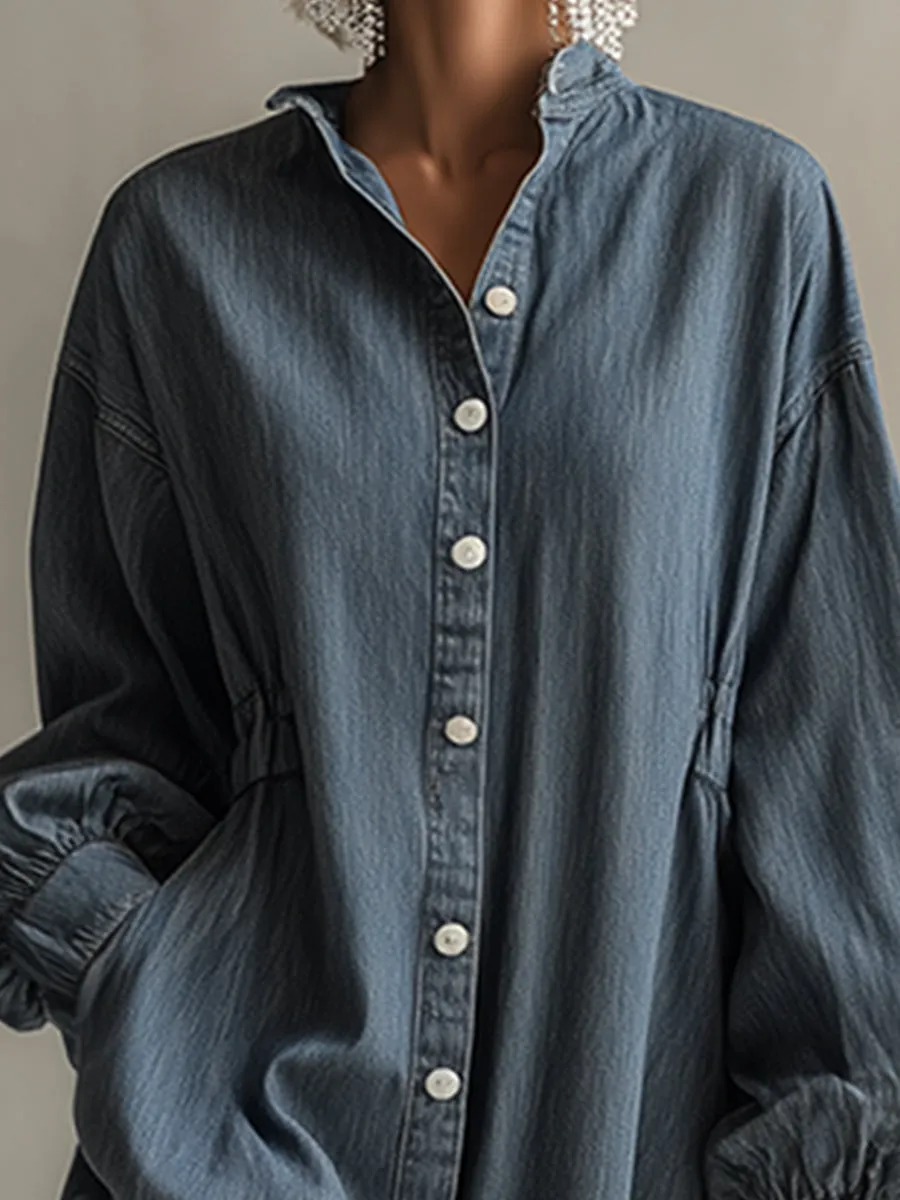 Elegant Silhouette Blue-grey Denim Front Button Midi Dress sold by Oyrosy product image thumbnail 3