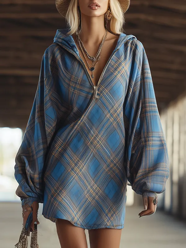Trendy Urban Sporty Blue Plaid Half-zip Hooded Sweatshirt Mini Dress sold by Oyrosy