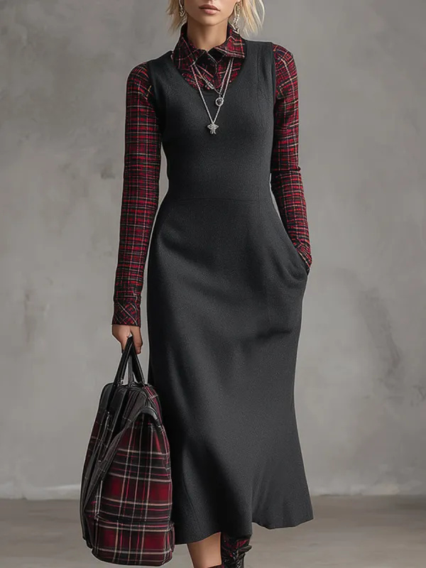 Retro Preppy Style Sporty Dark Gray Sweatshirt Patchwork Red Plaid Midi Dress sold by Oyrosy
