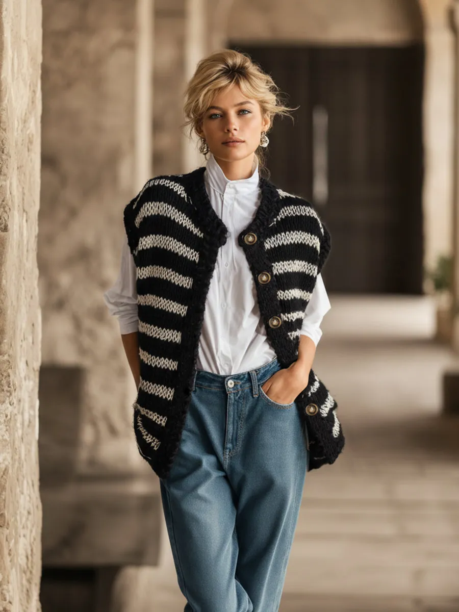 Classic And Versatile Black And White Striped Knit Vest sold by Oyrosy product image thumbnail 2