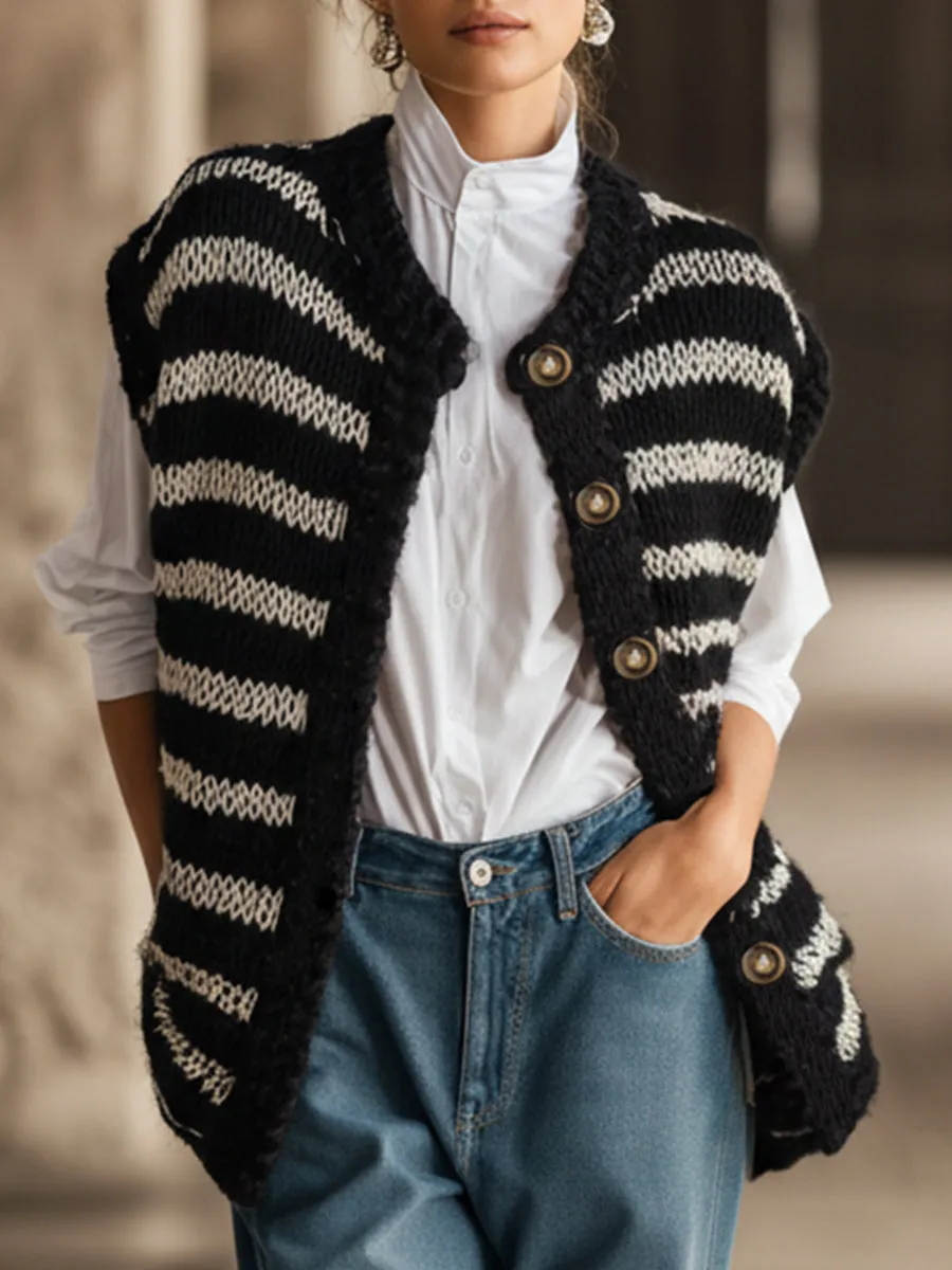 Classic And Versatile Black And White Striped Knit Vest sold by Oyrosy