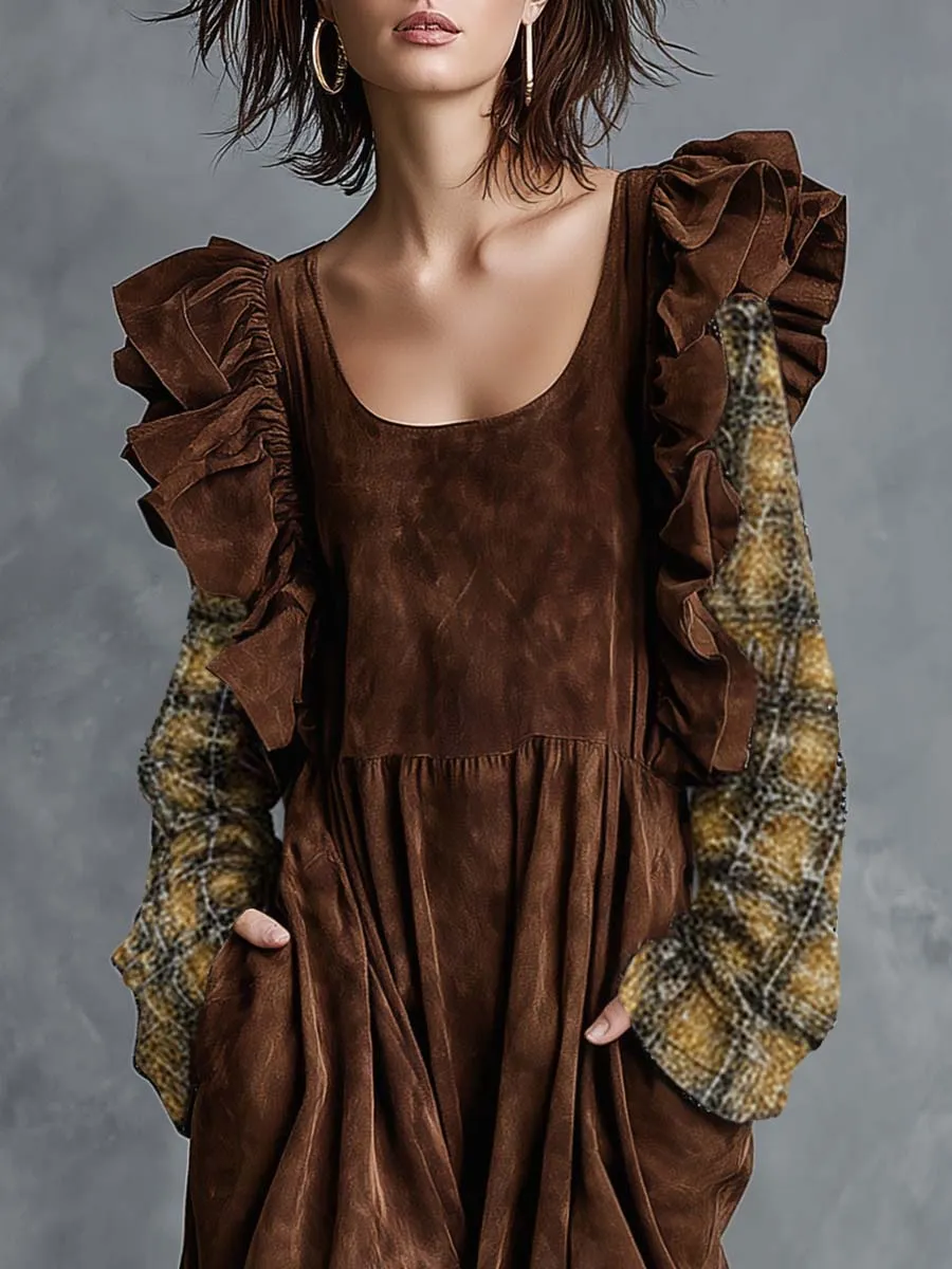 Elegant Vintage Bubble Hem Distressed Plaid Sleeves Brown Suede Midi Dress sold by Oyrosy product image thumbnail 3