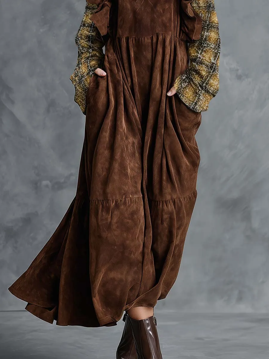 Elegant Vintage Bubble Hem Distressed Plaid Sleeves Brown Suede Midi Dress sold by Oyrosy product image thumbnail 4