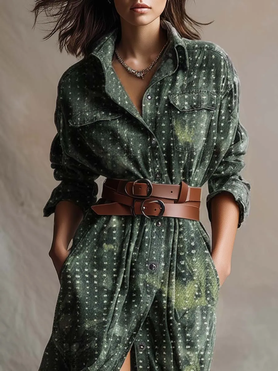 Vintage Western Front Button Lapel Front Button Green Tie-dye Pattern Denim Midi Dress sold by Oyrosy product image thumbnail 4