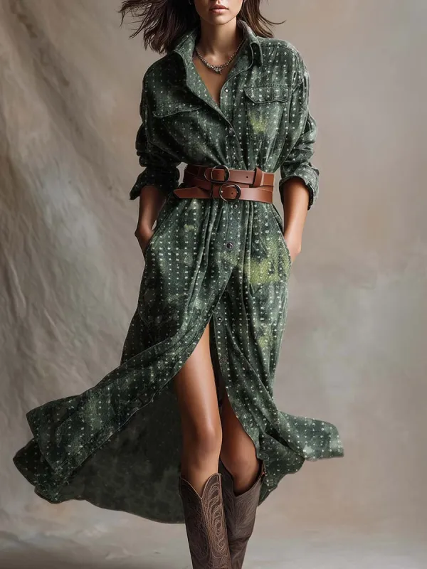 Vintage Western Front Button Lapel Front Button Green Tie-dye Pattern Denim Midi Dress sold by Oyrosy
