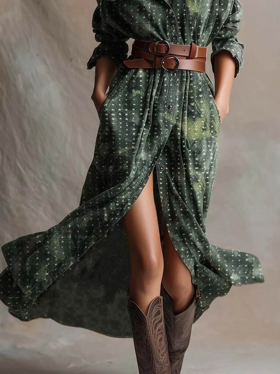 Vintage Western Front Button Lapel Front Button Green Tie-dye Pattern Denim Midi Dress sold by Oyrosy product image thumbnail 3