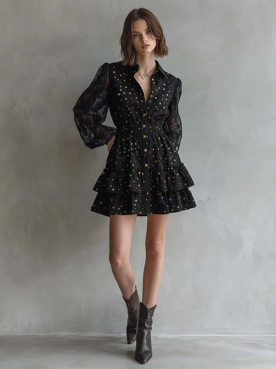 Elegant Vintage Ruffled Hem Lace Long Sleeves Gold Star Pattern Black Denim Mini Dress sold by Oyrosy product image thumbnail 2