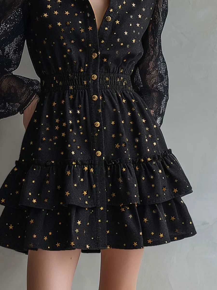 Elegant Vintage Ruffled Hem Lace Long Sleeves Gold Star Pattern Black Denim Mini Dress sold by Oyrosy product image thumbnail 4
