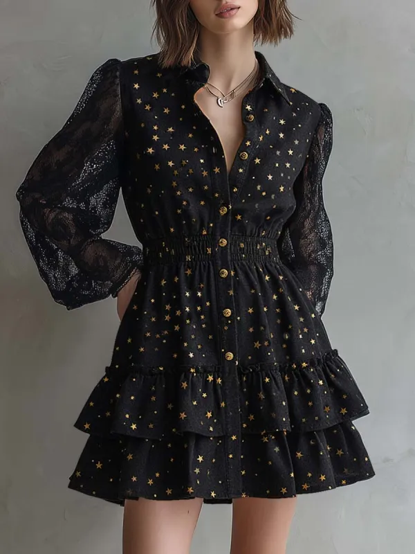 Elegant Vintage Ruffled Hem Lace Long Sleeves Gold Star Pattern Black Denim Mini Dress sold by Oyrosy