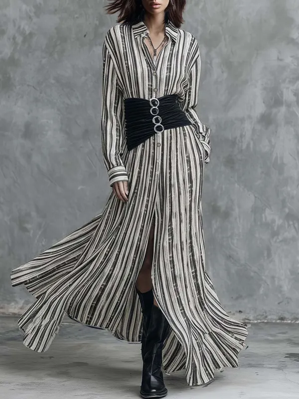 Retro Fashion Flowy Black And White Striped Chiffon Shirt Dress sold by Oyrosy